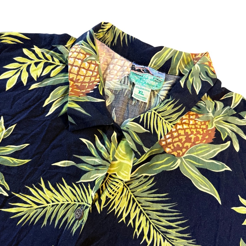 Reyn Spooner Pineapple Palm Hawaiian Shirt Womens XL Black Rayon Button Down S/S